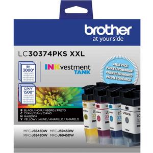 Brother Genuine LC30374PKS, 4-Pack Super High-Yield INKvestment Tank Ink Cartridges, Includes 1 Cartridge Each of Black, Cyan, Magenta and Yellow Ink, Up to 1,500 Pages/Cartridge, LC3037