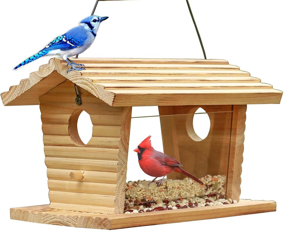 STARSWR Bluebird Feeder Outside, Mealworm Bird Feeder for Outdoors Squirrel Proof Hanging Birdhouse Feeder Wooden Bird House Feeder for Cardinal，Finch