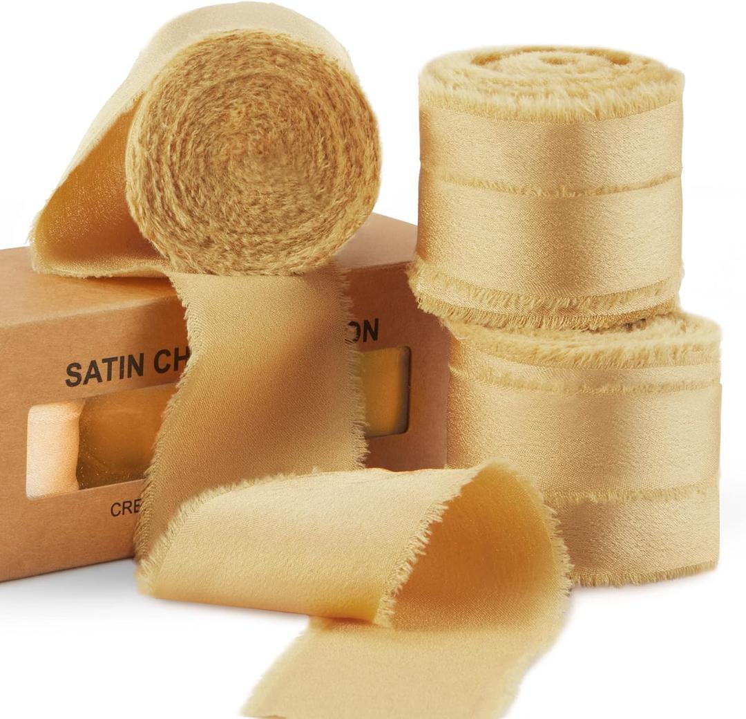 Keypan Gold Ribbon for Gift Wrapping, Silk Satin Chiffon Frayed Fabric Ribbons for Crafts Flower Bouquets Wedding Invitation Decor Baby Shower 1-1/2 inch x 21 Yd