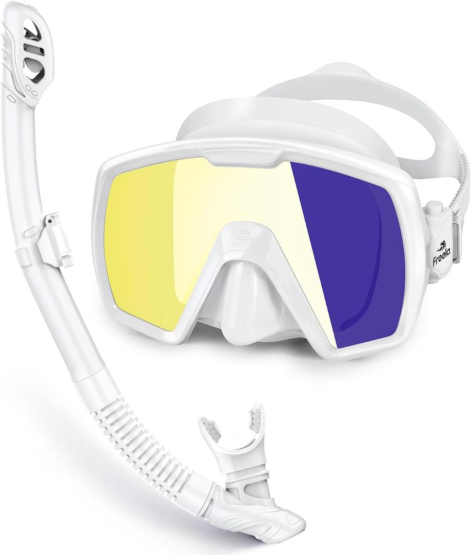 Freela Dry Snorkel Set for Adults, Scuba Diving Mask with Nose Cover, Anti-Fog 180 Wide View Mirrored Lens Snorkeling Gear for Men Women
