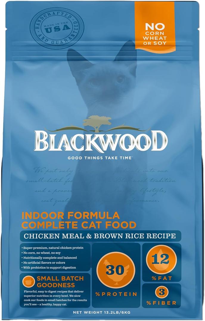 Blackwood Dry Cat Food, Indoor Formula, Chicken Meal & Brown Rice Recipe, 13.2 Pound Bag, High Protein, Slow Cooked BB Date 13 Mar 2026