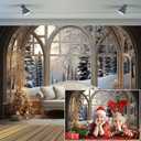 Christmas Backdrop 10x8ft White Couch Window Forest Snowscape Winter Cozy Room Background Xmas Family Party Decoration Supplies Portrait Photo Booth (kahki)