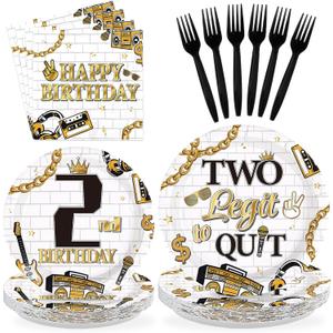 96Pcs Two Legit Quit Birthday Decorations Hip Hop 2nd Birthday Plates and Napkins Gold Black Rapper Theme Decorations for Kids Retro 90s Hiphop Two Years Old Bday Party Supplies Serves 24