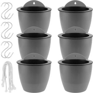 HOIGON 6 Pack 7 Inch Self Water Hanging Plants Pot, Self Watering Wall Hanging Plastic Planters with S-Hooks and Wicks, Lazy Flower Pot for Indoor Outdoor Orchids African Violet, Gray