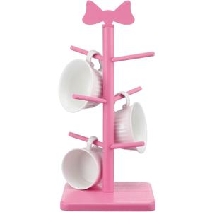 DoubleFill Pink Coffee Cup Holder Bow Mug Tree Pink Kitchen Coffee Bar Accessories Decorative Wooden Cup Holder with 6 Hooks Valentines Coquette Mug Rack Stand Cute Decor for Home Countertop Organizer