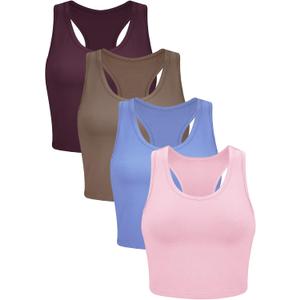 Boao 4 Pieces Basic Crop Tank Tops Sleeveless Racerback Crop Top for Women (Large, Leather Pink, Coffee, Serenity, Dark Red)