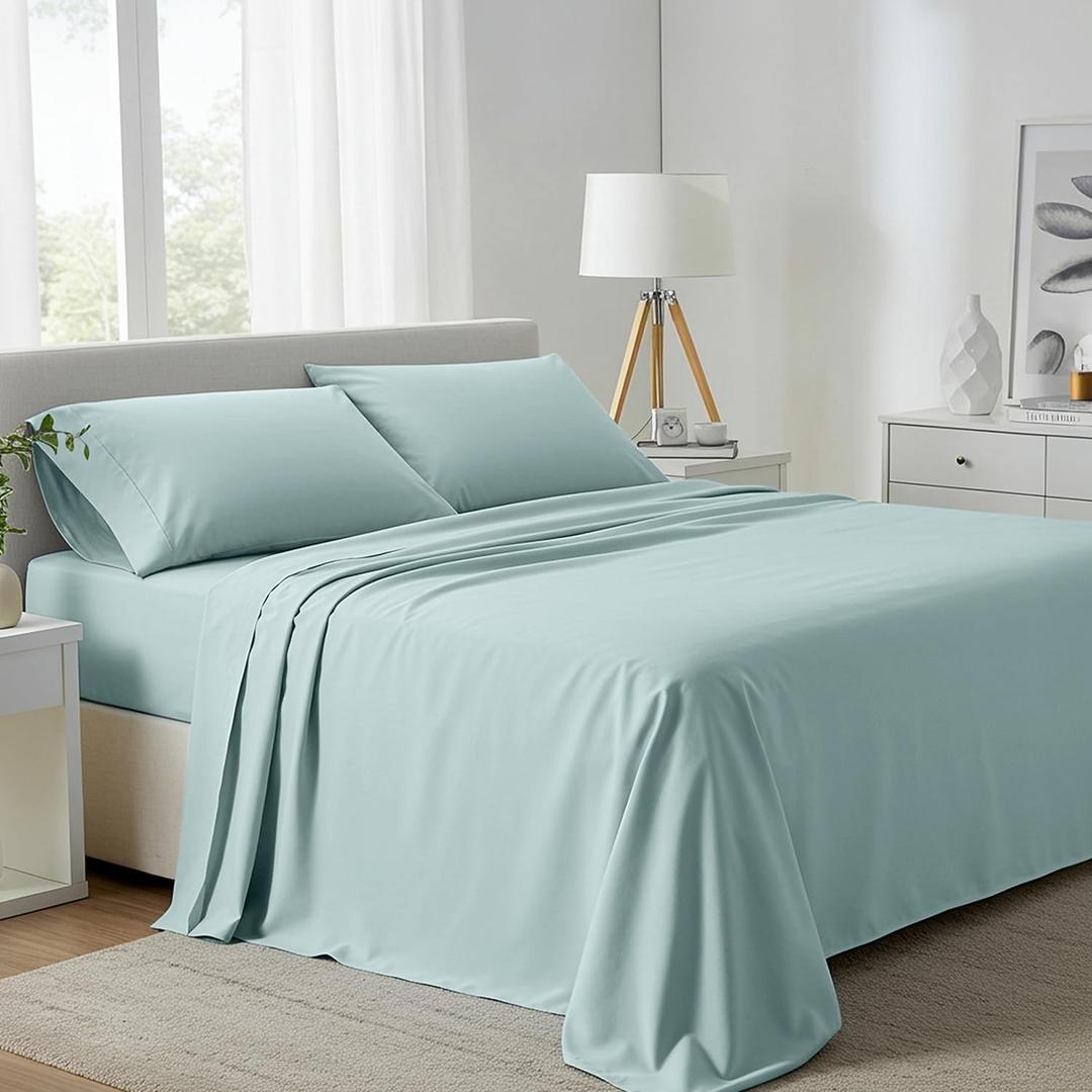 Carressa Linen California King Egyptian Cotton Sheets - 800 Series Tulips Collection Egyptian Cotton Cal King Sheets (4 PC, Sea Foam), 16" Deep Pocket Sateen Weave Luxury Hotel Bed Sheet