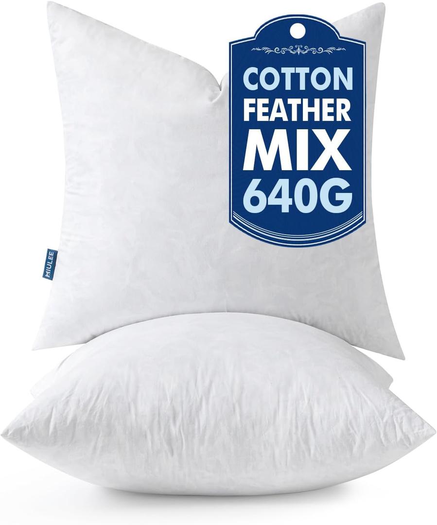 MIULEE Pillow Inserts 18x18 Inch Set of 2, Feather Mix Polycotton with Cotton Fabric Square Decorative Throw Pillows for Couch Bed Sofa