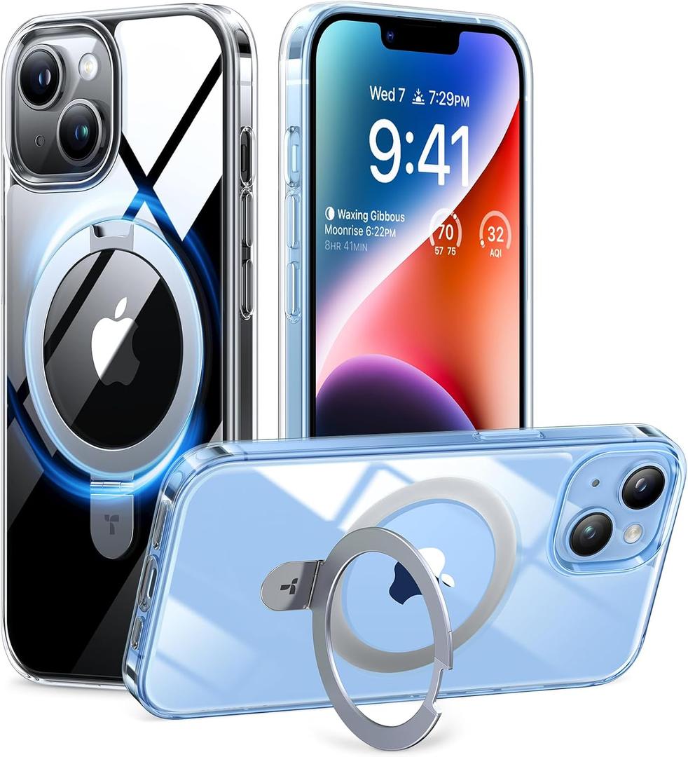 TORRAS Ultra Magnetic Ostand for iPhone 13/ iPhone 14 Case [Fit for MagSafe] [Sturdy Stand & Ring Holder] Military-Grade Shockproof Anti-Scratch Slim Protective Kickstand Phone Case, Crystal Clear