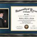 GraduationMall 11x19 Black Diploma and Photo Frame for 8.5x11 Certificate,5x7 Picture,Tempered Glass,Navy Blue over Gold Double Mat