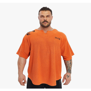 Men's Gym T-Shirt Active Wear Bodybuilding Lifting Oversize Rag Top | Towel Texture, Cotton Training Top (Orange, M)