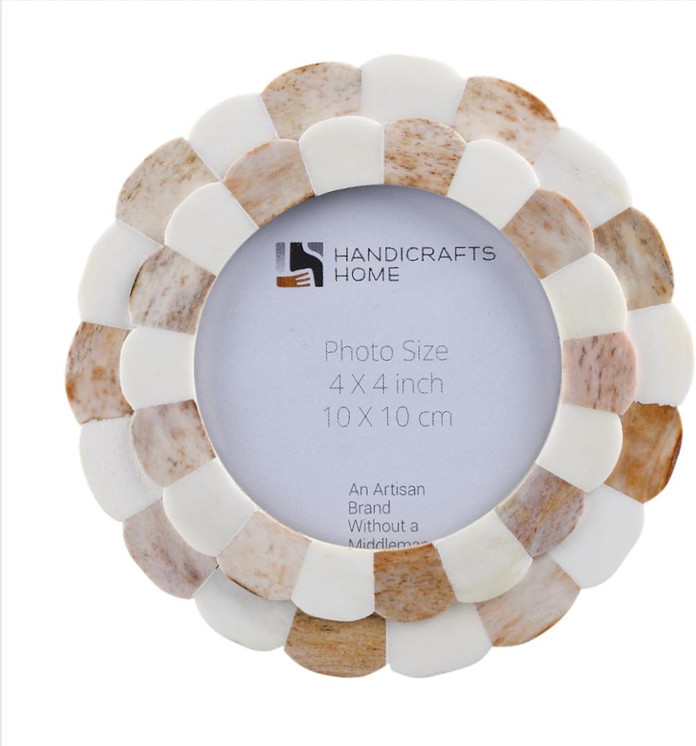 Handicrafts Home Scalloped Bone Inlay Picture Frame 4x4  Handmade Round Decorative Photo Frame, Brown & White Boho Desk & Shelf Decor, Vintage Style Small Frame for Nursery, Home Styling & Gift