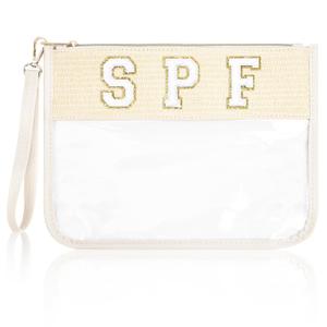 SOIDRAM SPF Bag Sunscreen Makeup Bag Chenille Letter Pouch Clear Travel Zipper Nylon Cosmetic SPF Pouch Organizer Sunscreen Toiletry Waterproof Summer Travel Gifts for Women