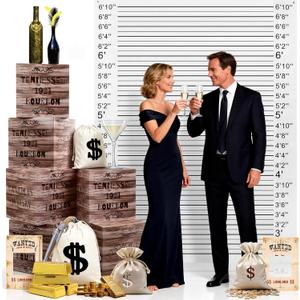Eaasty 19 Pcs Roaring 20s Party Decorations Photo Booth Props Speakeasy Decor Height Chart Backdrop Wood Grain Boxes Wanted Sign Dollar Sacks for Retro Jazz Twenties 1920 Party Decor