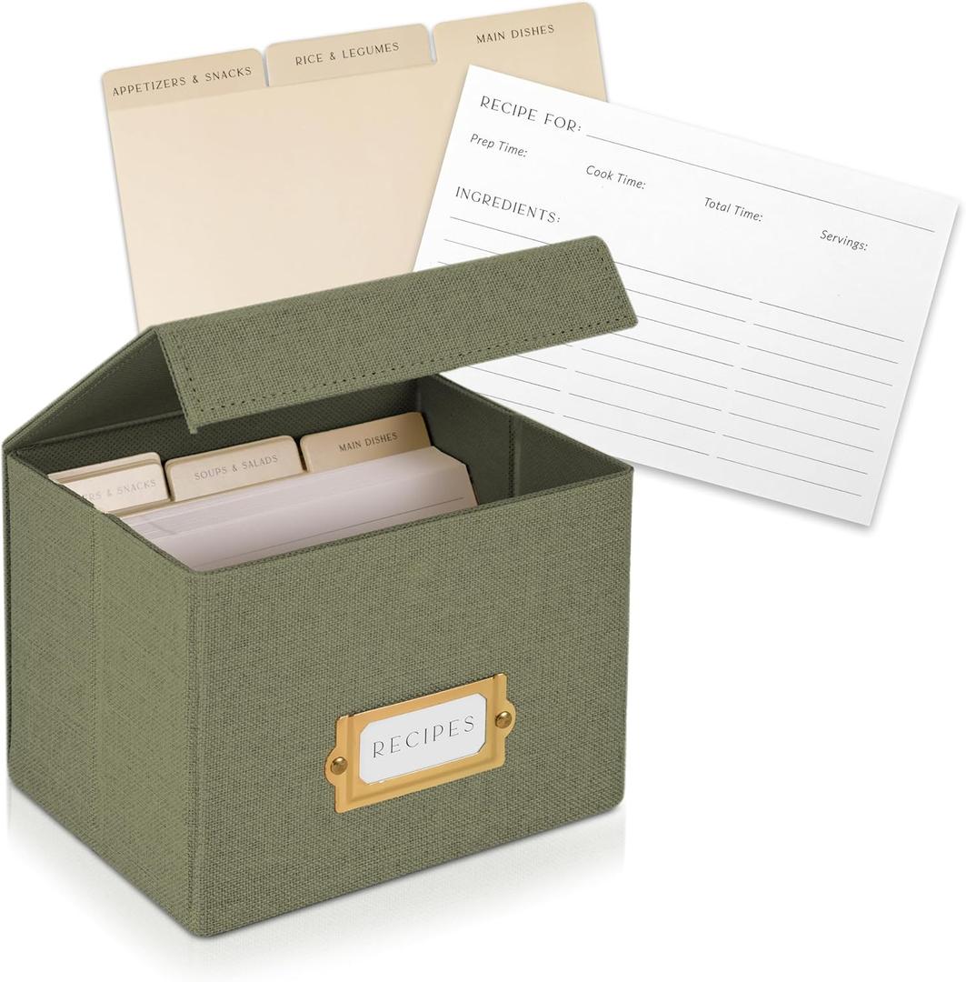 Beautiful Linen Recipe Box Set - Incl. 50x 4x6 inch Recipe Cards and Matching Dividers to Easily Organize Up to 250 Recipes - A Sturdy Card Holder And Great Gift that Perfectly Fits into Any Kitchen