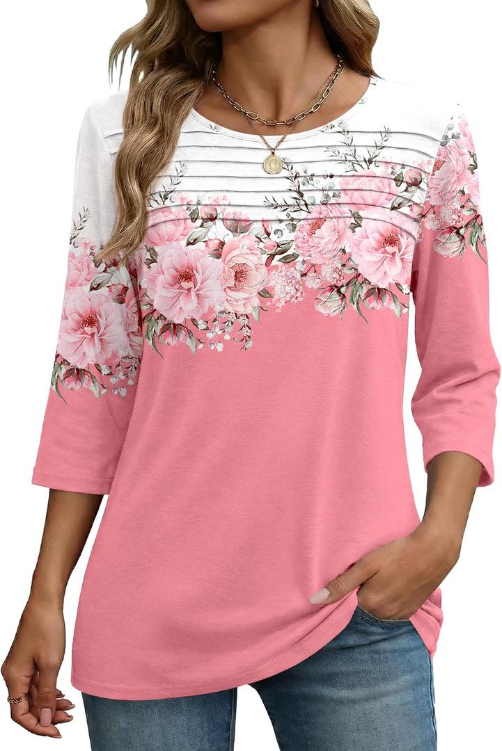Zeagoo Womens Tops 3/4 Length Sleeve Blouses Dressy Casual Shirt Pleated Front Tunic Floral Printed Spring Clothes (Pink, XXXL)