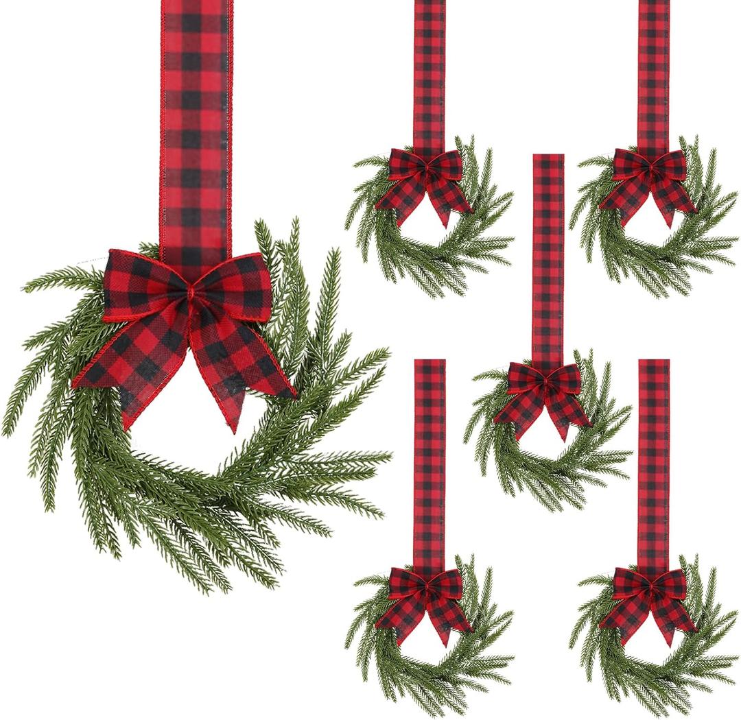 6 Pcs Mini Christmas Cabinet Wreaths 9.45 Inch Norfolk Pine Wreaths with Red Checkered Bow Tie Retro Buffalo Plaid Hanging Decor for Kitchen Chair Windows Doors Farmhouse