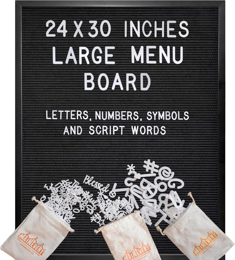 Black Large Letter Board, 24x30 Inch, Felt Menu Display with Letters (Black Felt Black Frame)