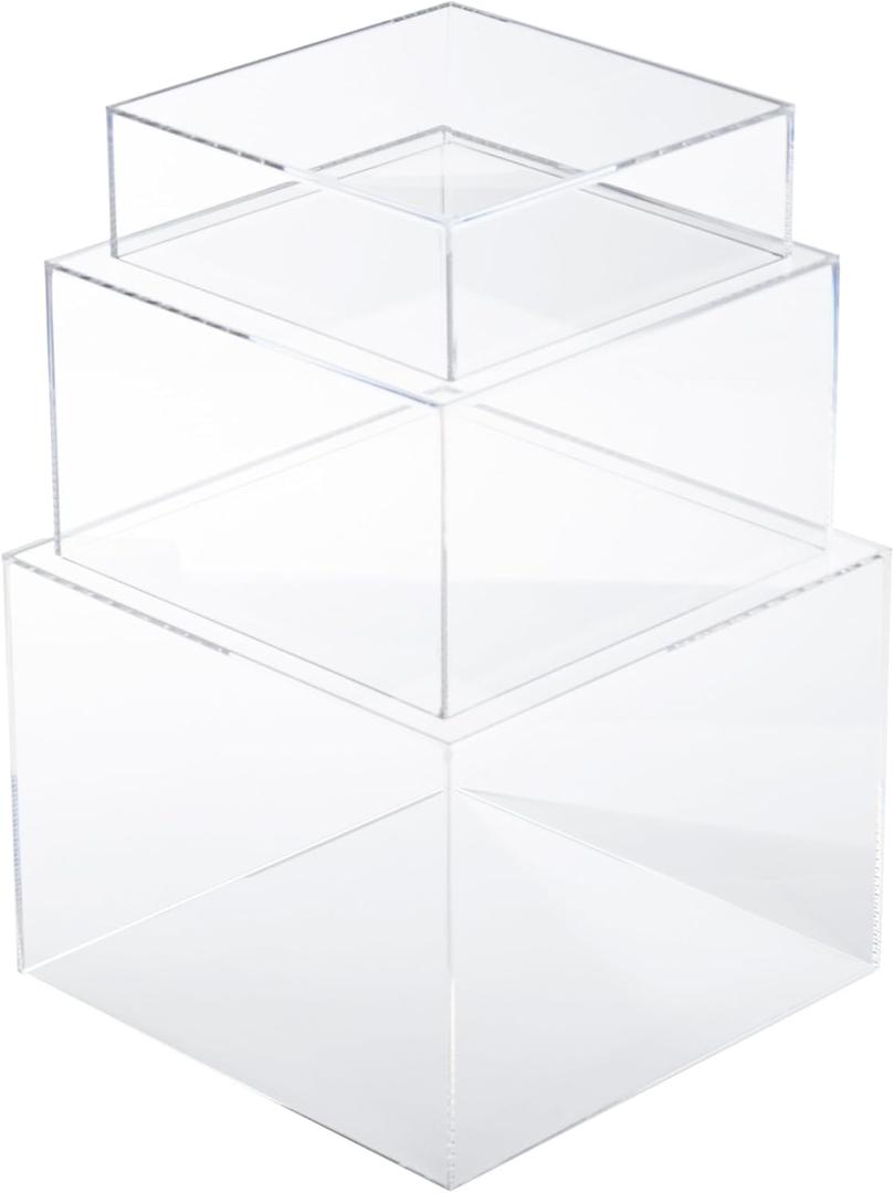 Acrylic Display Cubes, Clear Riser Boxes Set of 3 Pcs, Stackable Plastic, Decorative Design