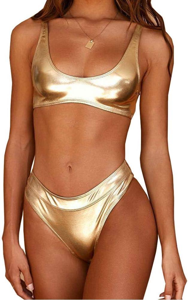 YAUASOPA Sexy Liquid Metallic Glitter Two Piece Push Up Swimsuit Female Shiny Solid High Cut Beachwear (Small, Gold 1)