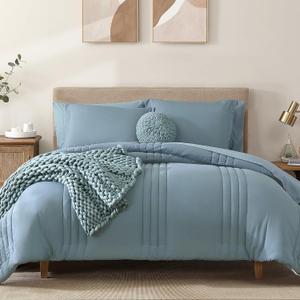 Monbix Queen Comforter Set - 7 Pieces Dusty Blue Bed in a Bag Queen Bedding Sets with Comforters, All Seasons Down Alternative Comforter Bed Set with Sheets, Pillowcases & Shams