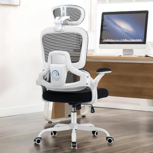 Ergonomic Office Chair, Mesh Desk Chair with 2D Adjustable Lumbar Support  Relieve Back Pain for Long Workdays Sitting, High Back with 3D Headrest & Armrests for Home Office Comfort, White