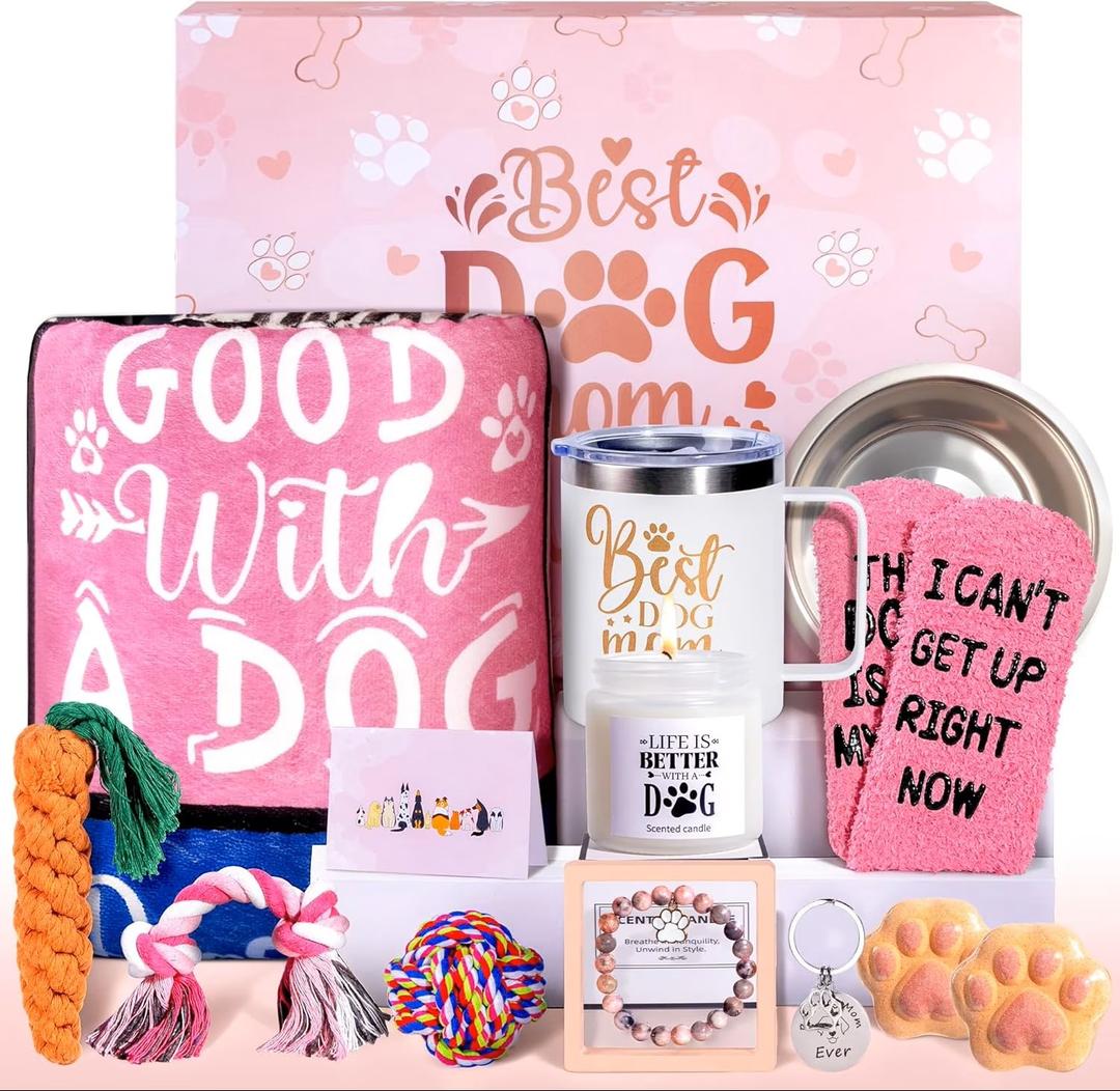 13Pcs Best Dog Mom Gifts for Women, Gift Baskets, Unique Dog Mom Birthday Gifts for Dogs Lovers, with Luxurious Flannel Blankets Gift for Owners for Birthdays, Christmas, and Mother's Day