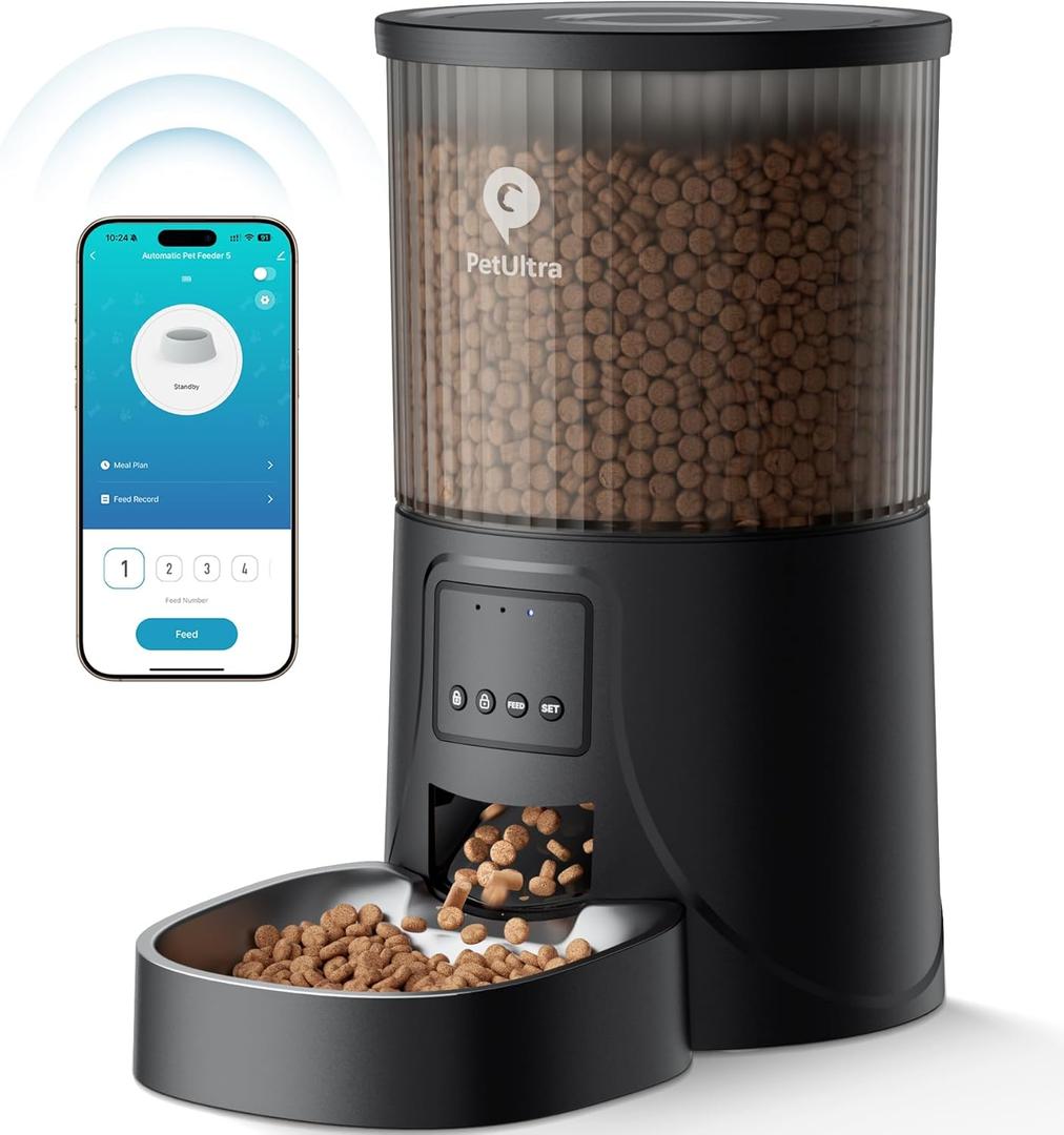 PETULTRA Automatic Cat Feeder WiFi- 5Ghz Cat Food Dispenser with APP Remote Control- Auto Pet Feeder for Small Dog Indoor- Easy to Set Up and Clean- Dual Power with Desiccant Bag& Stainless Steel