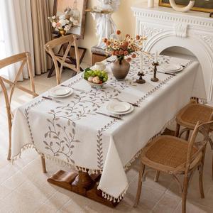 Joyfol Day Rectangle Linen Tablecloth, Heavy Duty Waterproof Tablecloths, Farmhouse Embroidery Leaves Table Cloth with Tassels, Soft Wrinkle Free Table Cover, Coffee Vines, 55''x 86''