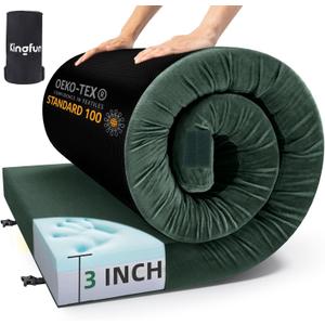 Kingfun 3 Inch CertiPUR-US Memory Foam Camping Mattress Pad, Waterproof Roll up Sleeping Pad, Thick Floor Sleeping Mats for Tent with Removable Travel Bag