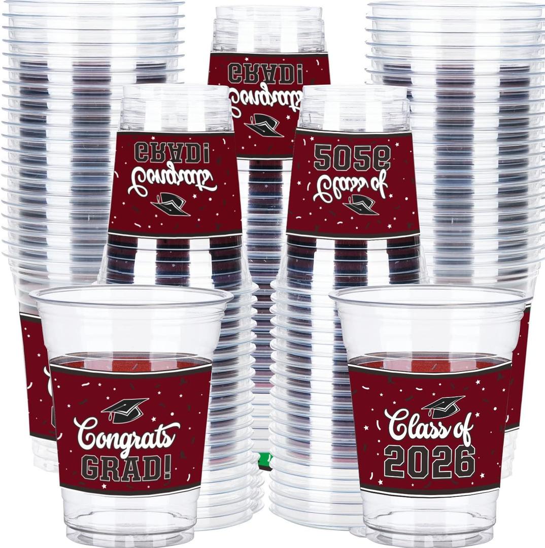 100 Pcs 12oz Graduation Cups Class of 2026 Disposable Graduation Plastic Cups, 2026 Grad Party Cups for Congrats Grad, Class of 2026 Celebration Party Supplies Tableware