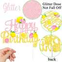 Pink & Gold Glitter Lemon Happy Birthday Cake Topper - Pink Yellow Lemon Slice Cake Decor for Summer Fruit Themed Birthday Party, Lemonade Stand Party Supplies, 7.9 x 6.1 inches