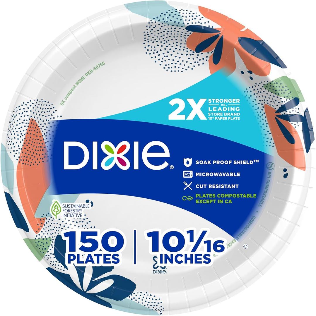 Dixie Large Paper Plates, 10 Inch, 150 Count, 2X Stronger*, MicrowaveSafe, SoakProof, Cut Resistant, Disposable Plates For Everyday Breakfast, Lunch, & Dinner Meals