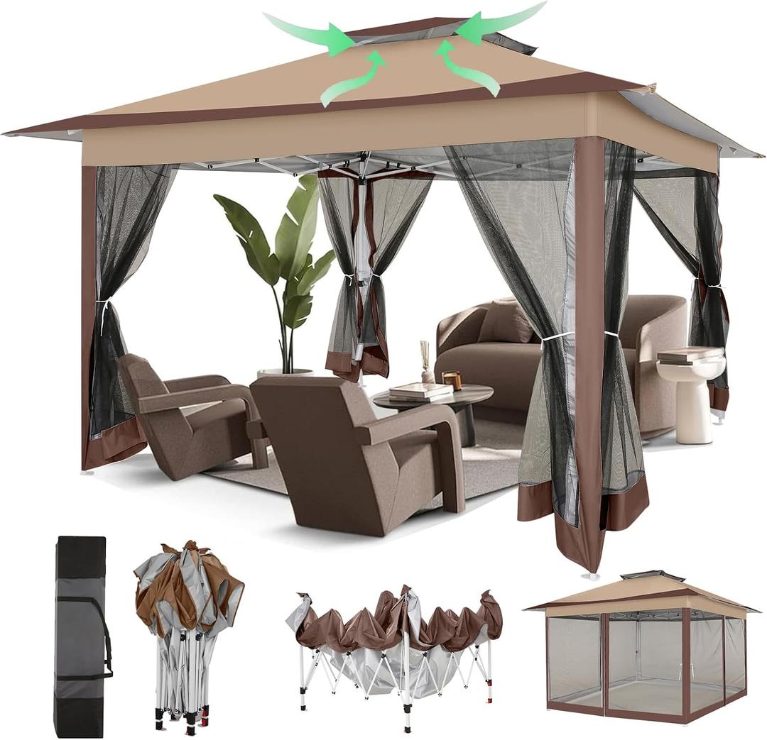 COBIZI 12x12 Pop Up Gazebos On Clearance - Upgrade Easy Up Metal Outdoor Gazebo Waterproof - Portable Gazebo with Mosquito Nettings, 4 Ropes 8 Stakes and Carry Bag for Patio Garden(Coffee), 12x12 Double Roof