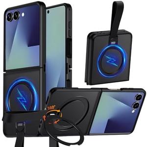 FIERANY 360° Spin Magnetic Stand for Z Flip 7 Case,Ring Holder Stand with Silicone Strap,Fit for MagSafe Shockproof Translucent Matte Phone Case for Samsung Galaxy Z Flip 7 (Black)