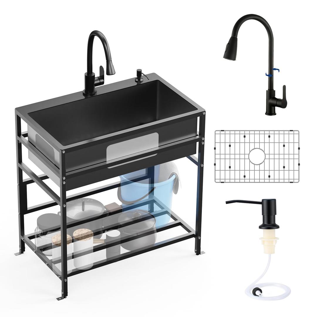 Black 30x18 Inch Freestanding Utility Sink-Stainless Steel Laundry Sink Practicality With Accessories Black Stainless Faucet,Soap Dispenser, SS Sink Grid For Laundry,Garage,Outdoor Kitchen,Garden...