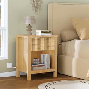 LYNCOHOME Fluted Nightstand with Charging Station, LED Bedside Table for Bedroom with Drawer Storage, Side Table for Bedroom