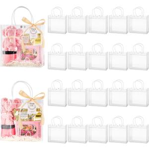 24 Pack Clear Plastic Gift Bags with Handles, Party Favor Bags with Ribbons and Tags, Reusable Goodie Tote Bags for Valentine's Day Wedding Baby Shower (7.9 x 7.9 x 3.2")