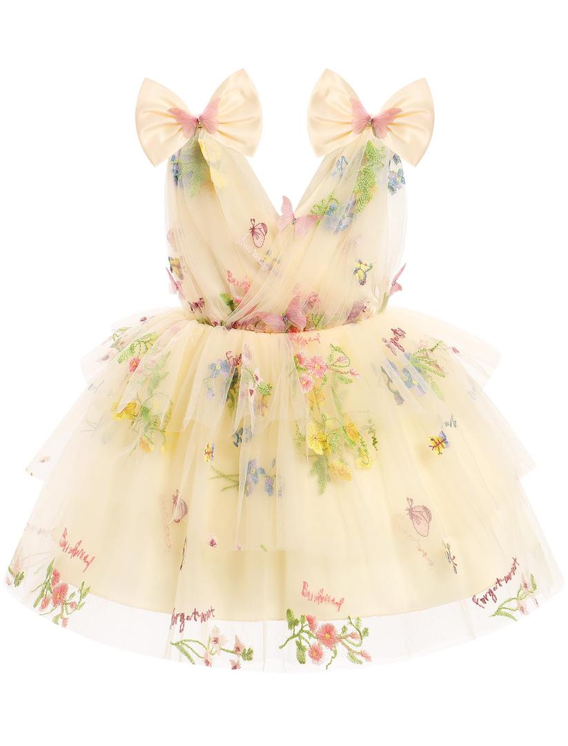 IMEKIS Toddler Girls Butterfly Birthday Dress Rainbow Tulle Formal Wedding Party Ruffle Tutu Dresses Photo Shoot, Floral, 12-18M