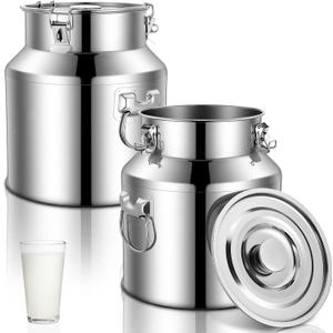 FillTouch 2 Pcs Stainless Steel Milk Can 22L/ 5.81 Gallon Heavy Duty Metal Milk Water Dispenser Container Pail Jug with Locking Sealed Lid Food Wine Oil Storage Container for Home Farm Kitchen (EXP 12/31/27)