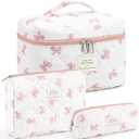 Makeup Bag for Women 3PCS Quilted Cotton Make Up Bag Travel Cosmetic Bag Large Makeup Bag Set Cute Bow Makeups Purse Organizer Floral Toiletry Pouch
