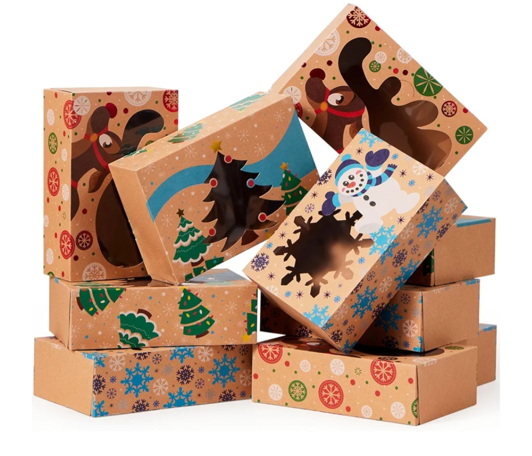 JOYIN 12PCS Christmas Cookie Boxes for Gift Giving, 8.75" x 5.75" x 2.75" Xmas Holiday Treat Cookie Tin with Window, 3 Designs Brown Foiled Kraft Bakery Box for Pastries, Cupcakes, Brownies, Doughnut