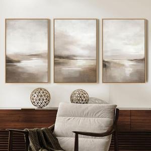 SAFERRYHOME Neutral Abstract Framed Wall Art - Minimalist Modern Nordic Calm Canvas Print Set, Landscape Shapes Earth Tone Illustrations Decor for Living Room, Bedroom - 3 Panels 16x24 Inch