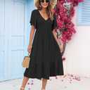 AUSELILY Women's Summer Empire Waist Dress Smocked Flutter Short Sleeve V Neck Midi Dresses 2026 New (Black, S)
