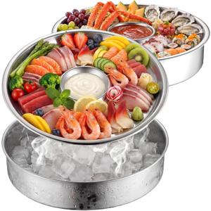 2 Sets Chilled Serving Tray for Parties 10" Shrimp Cocktail Serving Dish with Ice Tray Stainless Steel Round Iced Cooling Platter with Dip Compartment for Oysters Crawfish Fruits Seafood