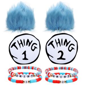 6Pcs Blue Fluffy Wigs Costume Set Thing Bracelets Iron on Patches Book Character Costume for Reading Week Halloween Theme Parties