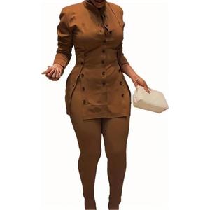 Women's Curvy Button Front Pant Suit Set, Plus Size Professional Two-Piece Long Sleeve Suit (4X, Brown)