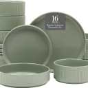 Gibson Elite Deerfield 16-Piece Stoneware Dinnerware Set  Matte Green Stackable Plates and Bowls, Reactive Glaze Finish, Service for 4  Microwave & Dishwasher Safe