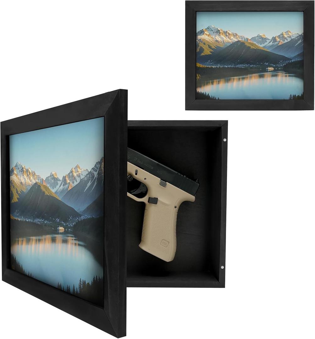 Hidden Gun Storage, Hidden Gun Safe for Pistols with Magnetic Lock, Solid Wooden Picture Frames for Handgun, Hidden Storage Gun Safe Home Furniture, Concealment Furniture Picture Frame Box (Black)