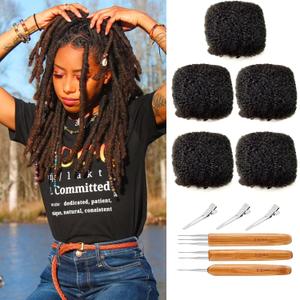 Tight Afro Kinky Bulk Human Hair for Dreadlock Extensions 100% Human Hair,5 Packs 10 Inch 150g,Natural Black #1B,Repair Extensions,Making Locs or Braids, with Needles and Hairpin